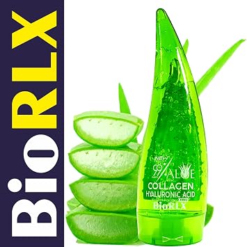 BioRLX 99% Aloe Vera Gel with Collagen and Hyaluronic Acid 250 Ml 8.5 Fl Oz - For Face Body, Hair & Scalp, After Sun Relief, Natural, Soothing, Hydrating
