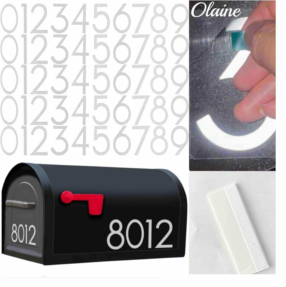 3 Inch Reflective Mailbox Numbers, 50 PCS Olaine House Vinyl Stickers with Easy-Peel Tabs, Includes Squeegee &amp; Masking Tape, Strong Self-Adhesive Numbers