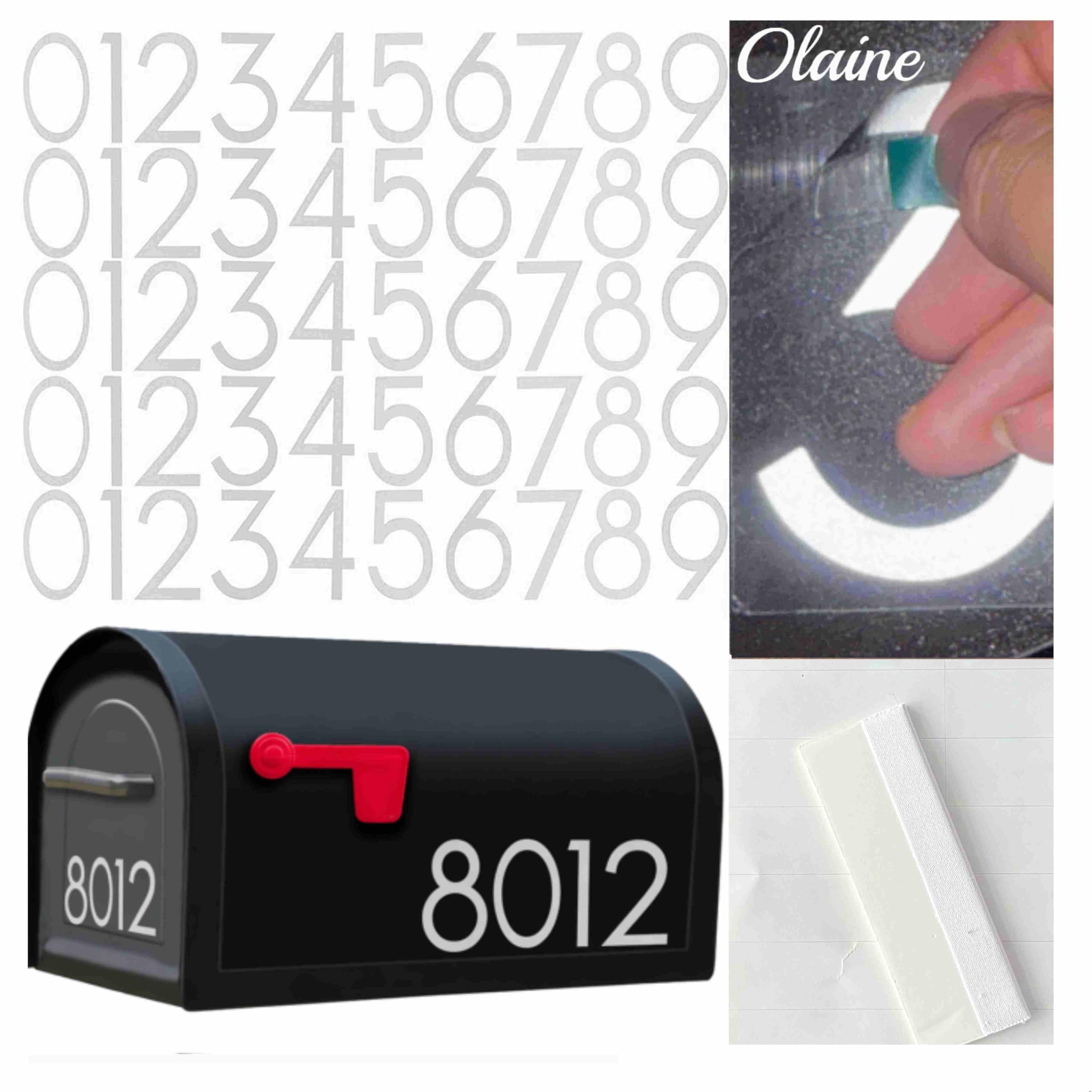 3 Inch Reflective Mailbox Numbers, 50 PCS Olaine House Vinyl Stickers with Easy-Peel Tabs, Includes Squeegee &amp; Masking Tape, Strong Self-Adhesive Numbers