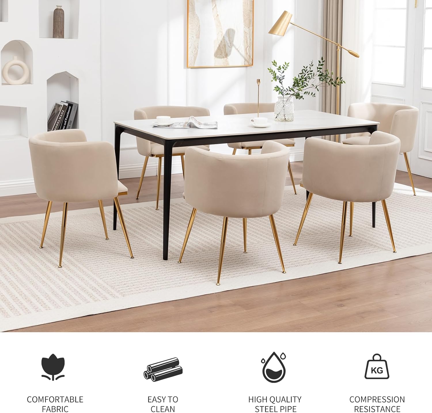 Canxkun Velvet Dining Chairs Set of 4, Barrel Dining Chairs with Gold Metal Legs, Modern Upholstered Dining Room Chair for Dining Room, Kitchen, Vanity (Beige)