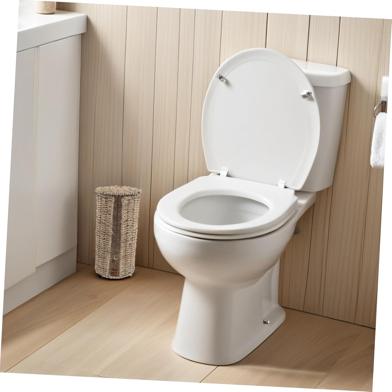 VICASKY Toilet Paper Storage Basket with Lid, Rattan and Iron Roll Paper Bin, Versatile Storage Basket Resistant to Deformation, for Homestays and Corner Bathroom Organization