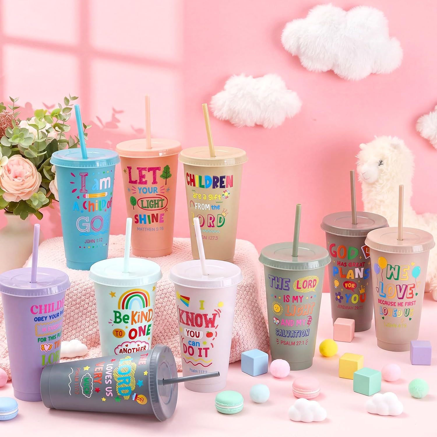 Uiifan 30 Christian Kid Cup with Lids Straws, Back to School, Light Morandi image 4