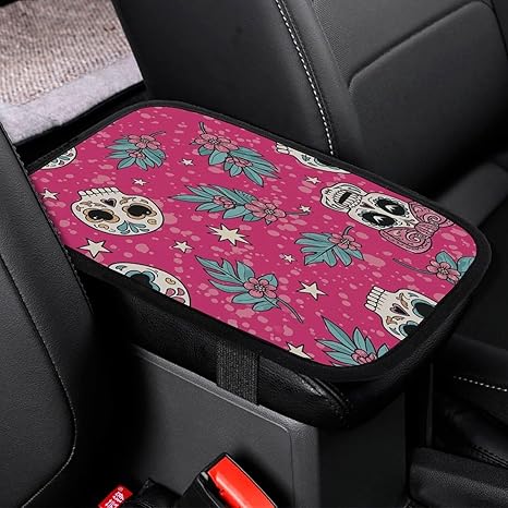 Sugar Skull Floral Stars Car Center Console Decor Handrail Armrest Box Cushion Interior Covers Car Protector Pad Lid Cover Accessories Universal Fit for Auto Truck Vehicles