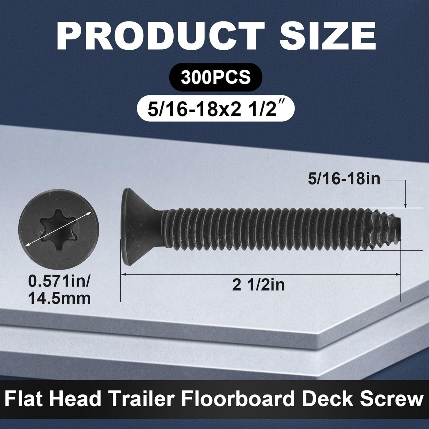 Blulu 300 Pack Quantity 5/16-18 x 2-1/2'' Trailer Deck Screws Flat Head Screws Wood to Metal Screw Thread Cutting for Trailer Flooring Floorboards