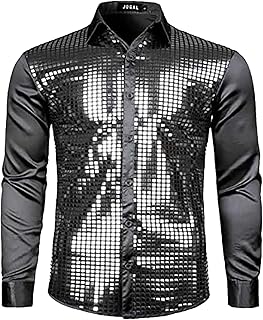 Camisa de vestir de manga larga con solapa brillante para hombre, estilo informal, con lentejuelas, color marrón