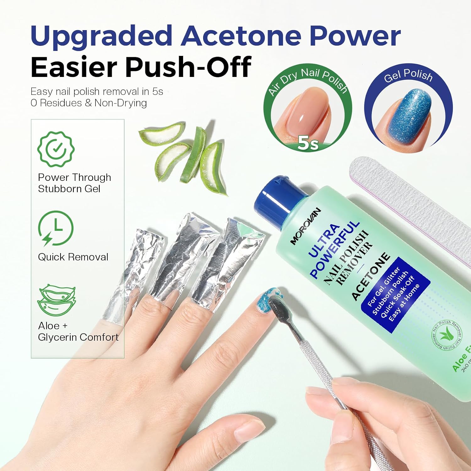 MOROVAN Acetone Nail Polish Remover: Low Irritation Mild Care Liquid with Aloe Seed Oil 5S Regular Nail Polish Removal- Efficient Soak Off for Gel & Nail Adhesive 8 Fl Oz