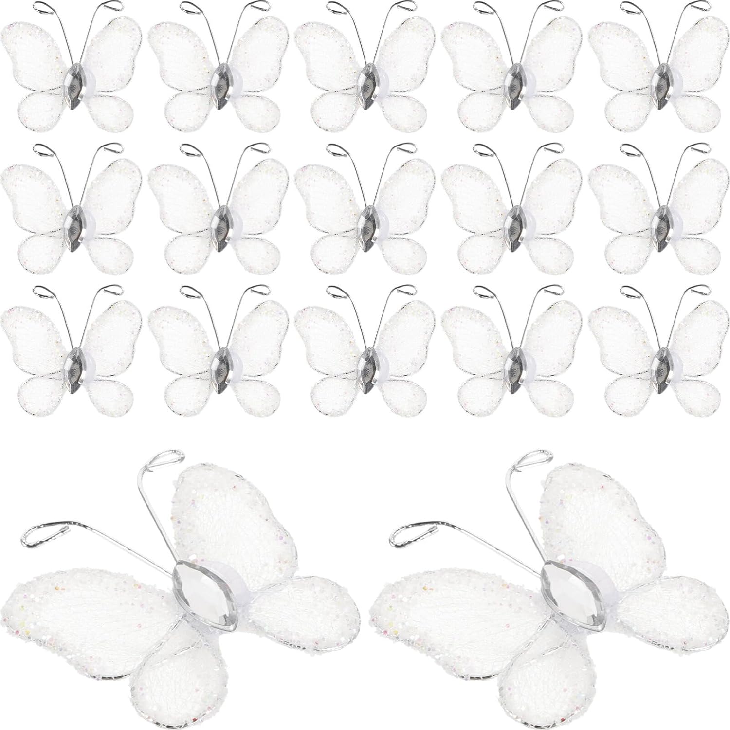 50Pcs Sheer Mesh Glitter Butterflies Mesh Wire Glitter Butterfly with Gem DIY Craft for Home Wedding Party Wall Decorations (White)