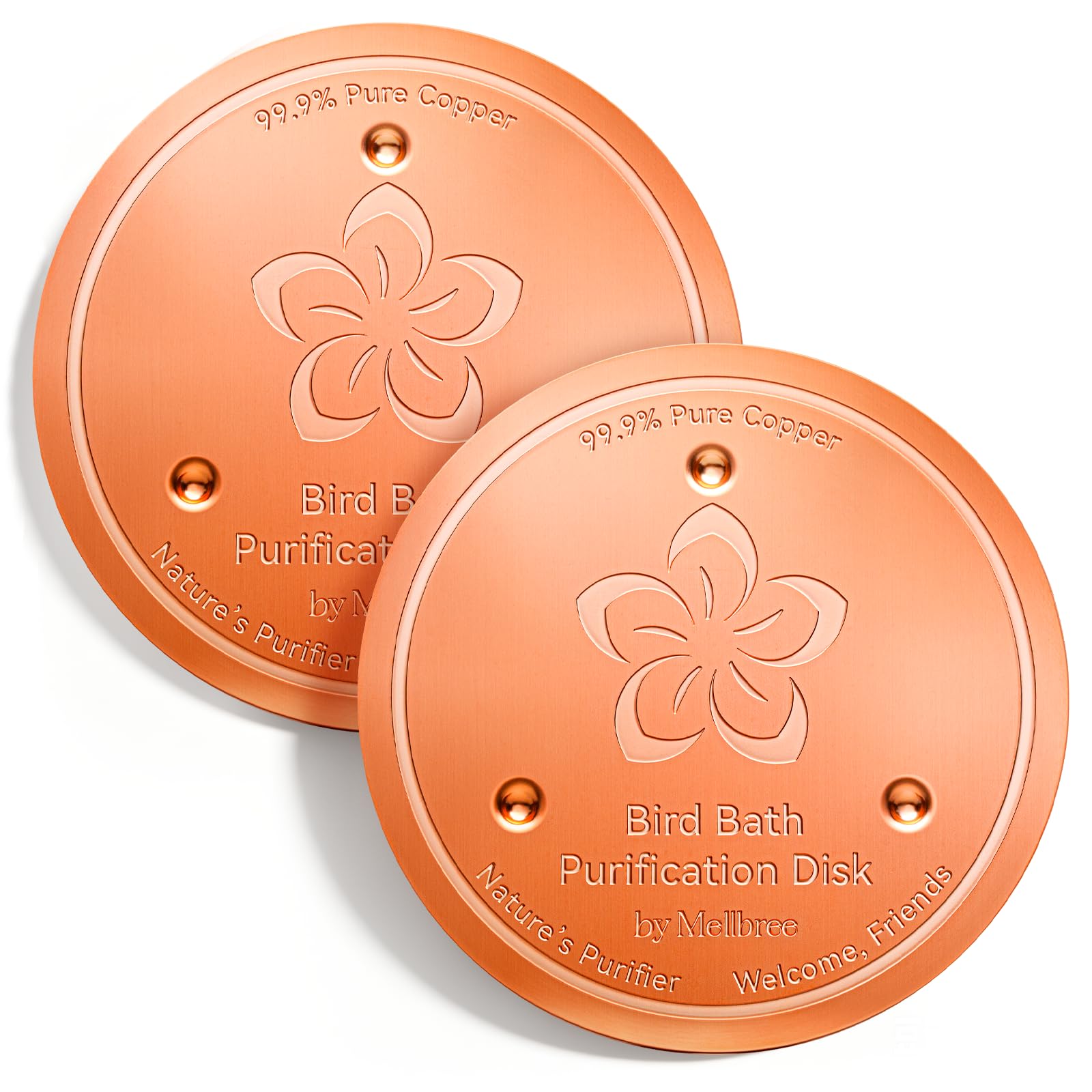 Mellbree 2-Pack Bird Bath Copper Disc, 0.6mm Flower-Style Reinforced 99.99% Pure Copper Disk for Physical Safe Clean Water, Universal Compatible with Outdoor Birdbaths, Bowl (Flower)