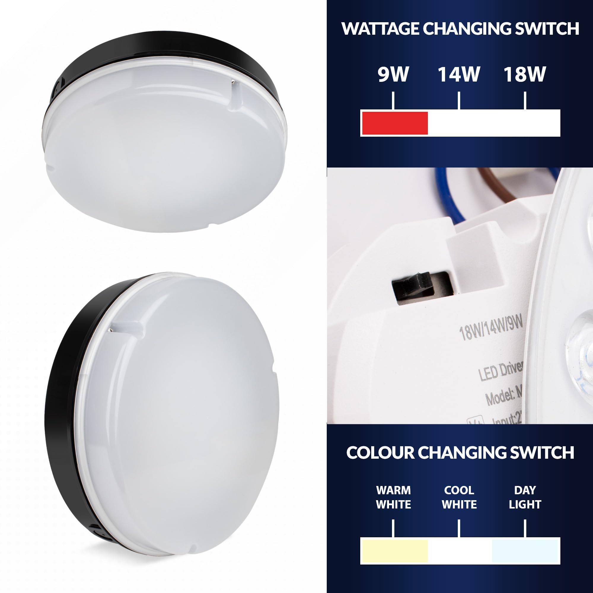 Bright Source Wall & Ceiling Round Utility LED Bulkhead, Black, Switchable Wattage 9W 14W 18W, IP65, 120° Beam Angle - Image 3