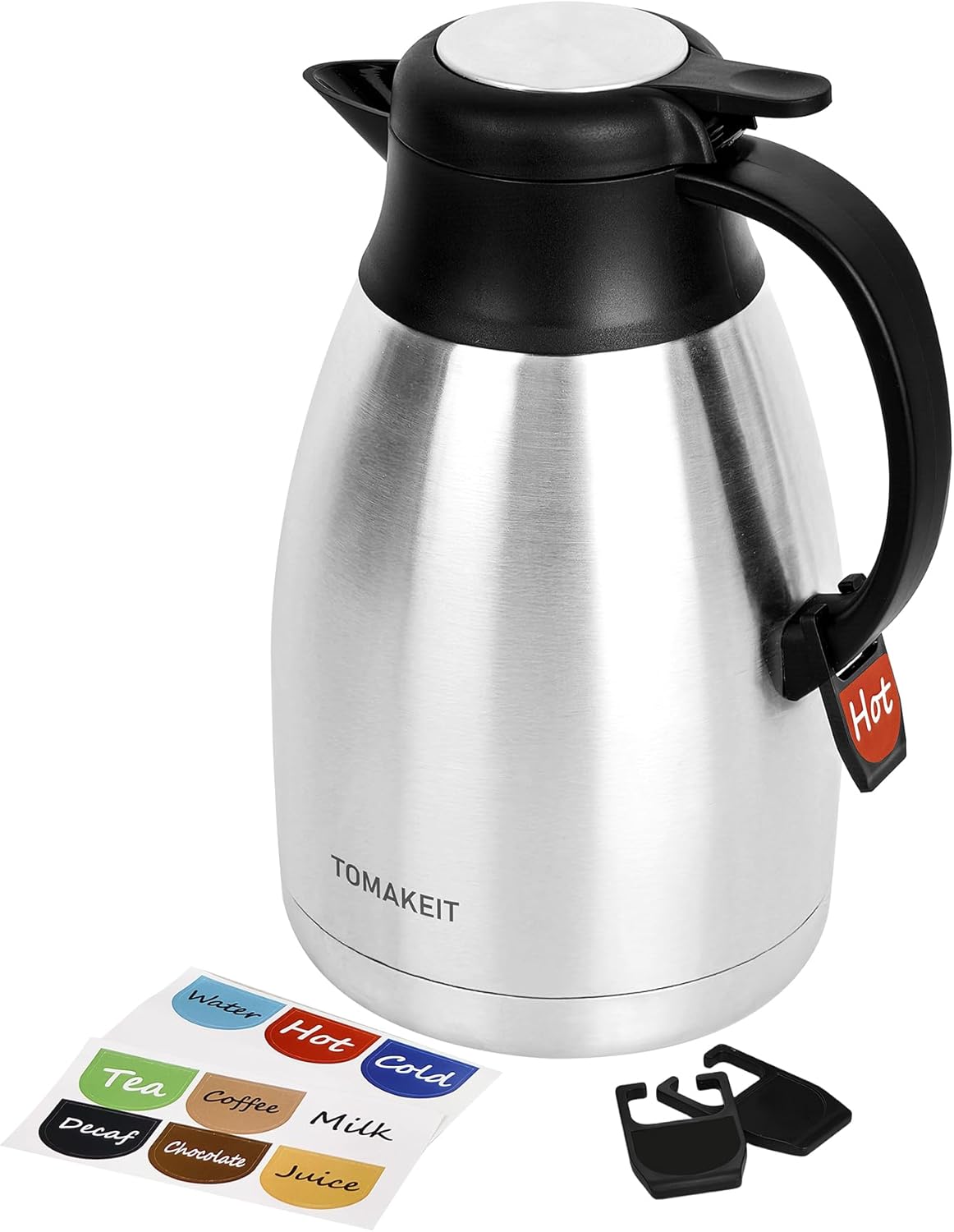 TOMAKEIT 2L Thermal Coffee Carafe Stainless Steel Vacuum Insulated 24Hr Hot Cold Leak-Proof Portable Silver