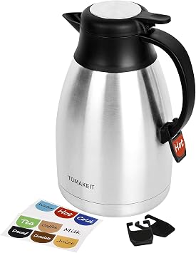 TOMAKEIT Thermal Coffee Carafe with Hang Tag, 2L/68 Oz Stainless Steel Vacuum Insulated Thermoses, Double-Wall Design, 24-Hour Hot & Cold, Leak-Proof, Portable for Travel,Camping,Office Silver