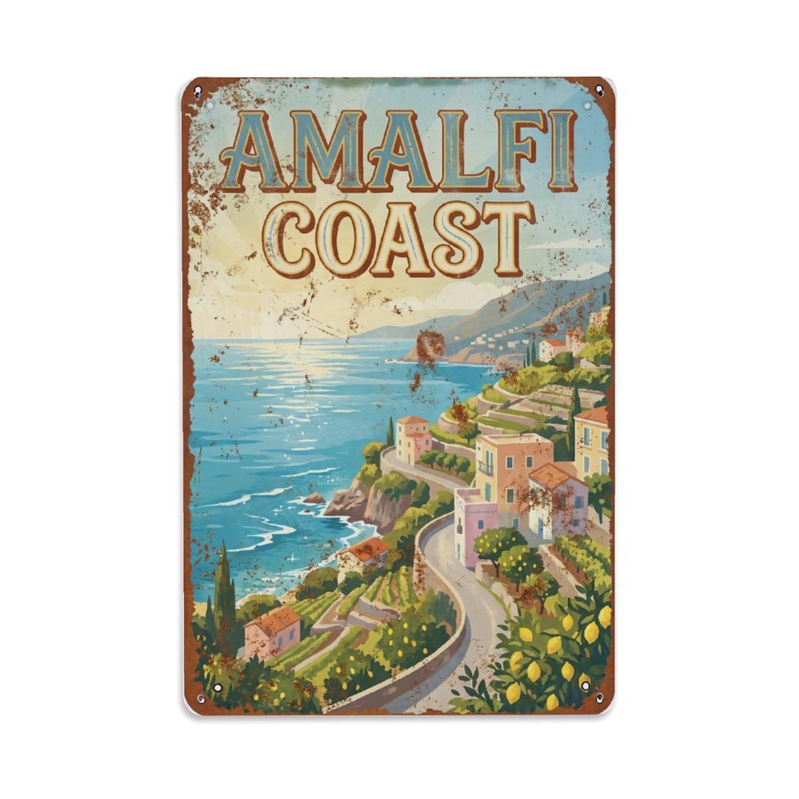 Vintage Travel Seascape Italy Azure Metal Tin Sign Plaque Wall Decor for Cafe, Club Bar, Office, Home Garden Metal Poster 8x12Inch