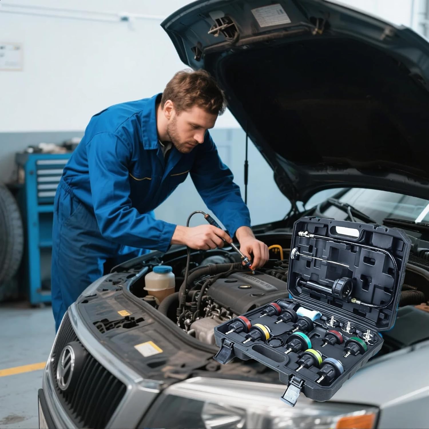 18 Pcs Universal Radiator Pressure Tester Kit,Coolant Pressure Tester kit with 13 Radiator Adapters,Precise Coolant Leak Detector for All Vehicle Cooling System