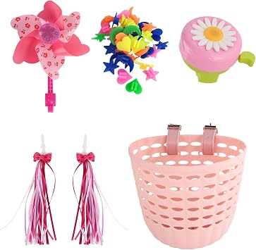 Kids Bike Basket Set - Pink Bicycle Basket with Wheel Spoke Beads Bicycle Bell Bicycle Windmill Bike Tassels. with Ajustable Straps, Detachable Girls Bicycle Accessories for Birthday