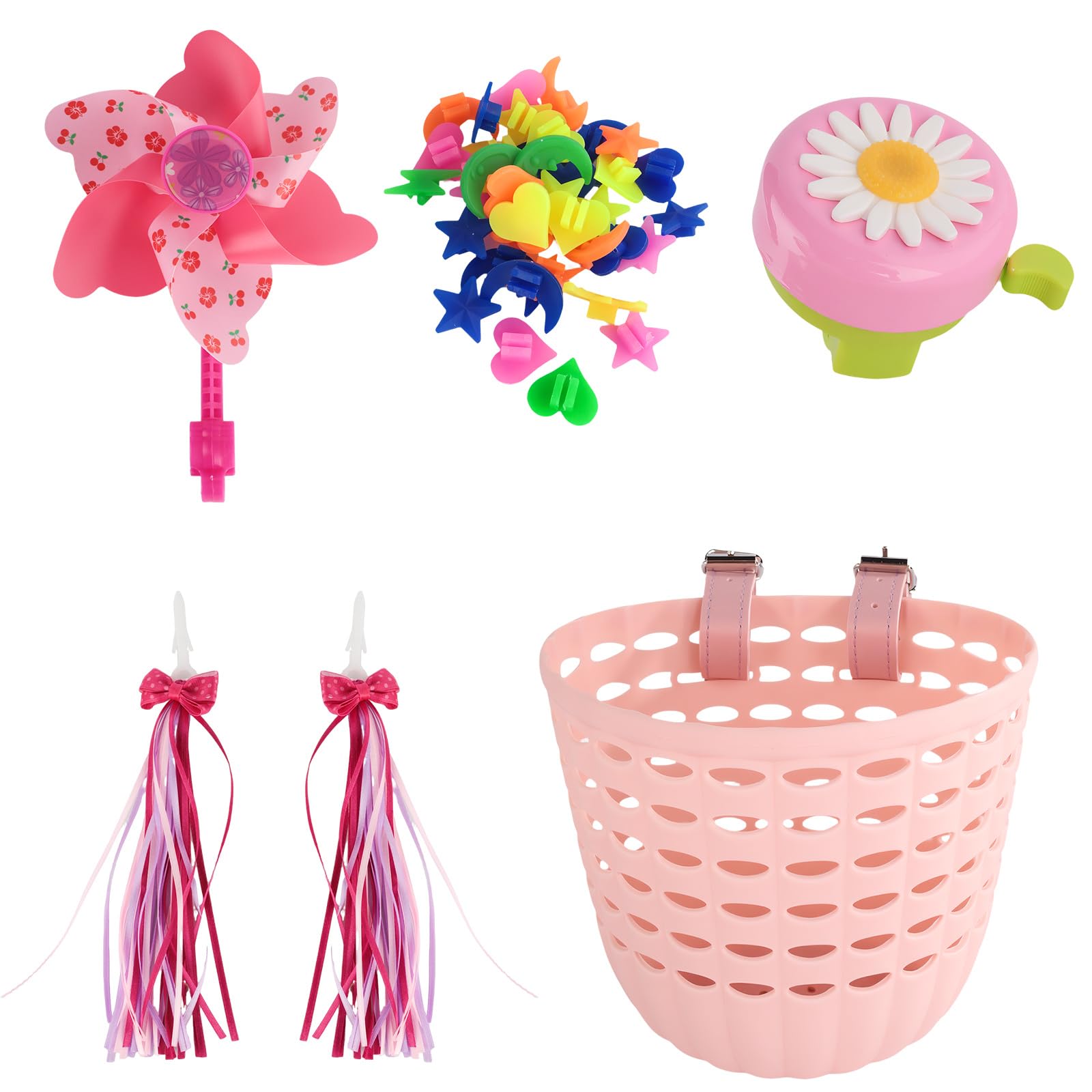 Kids Bike Basket Set - Pink Bicycle Basket with Wheel Spoke Beads Bicycle Bell Bicycle Windmill Bike Tassels. with Ajustable Straps, Detachable Girls Bicycle Accessories for Birthday