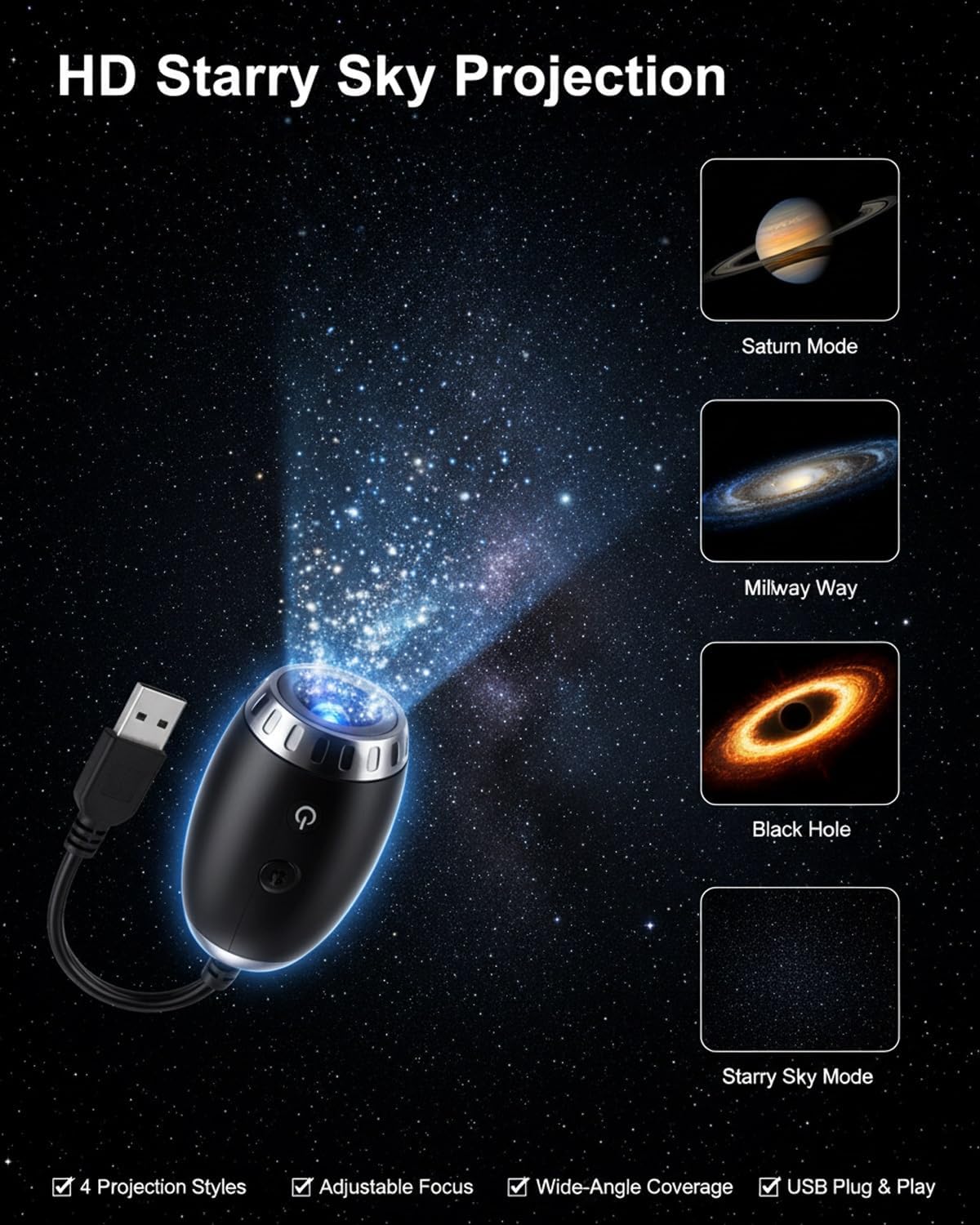 2-in-1 Galaxy Projector Night Light, USB Stars Space Starry Sky Projector Lamp LED Starlights Projection Portable Adjustable for Bedroom Adults Car Roof Interior Ceiling