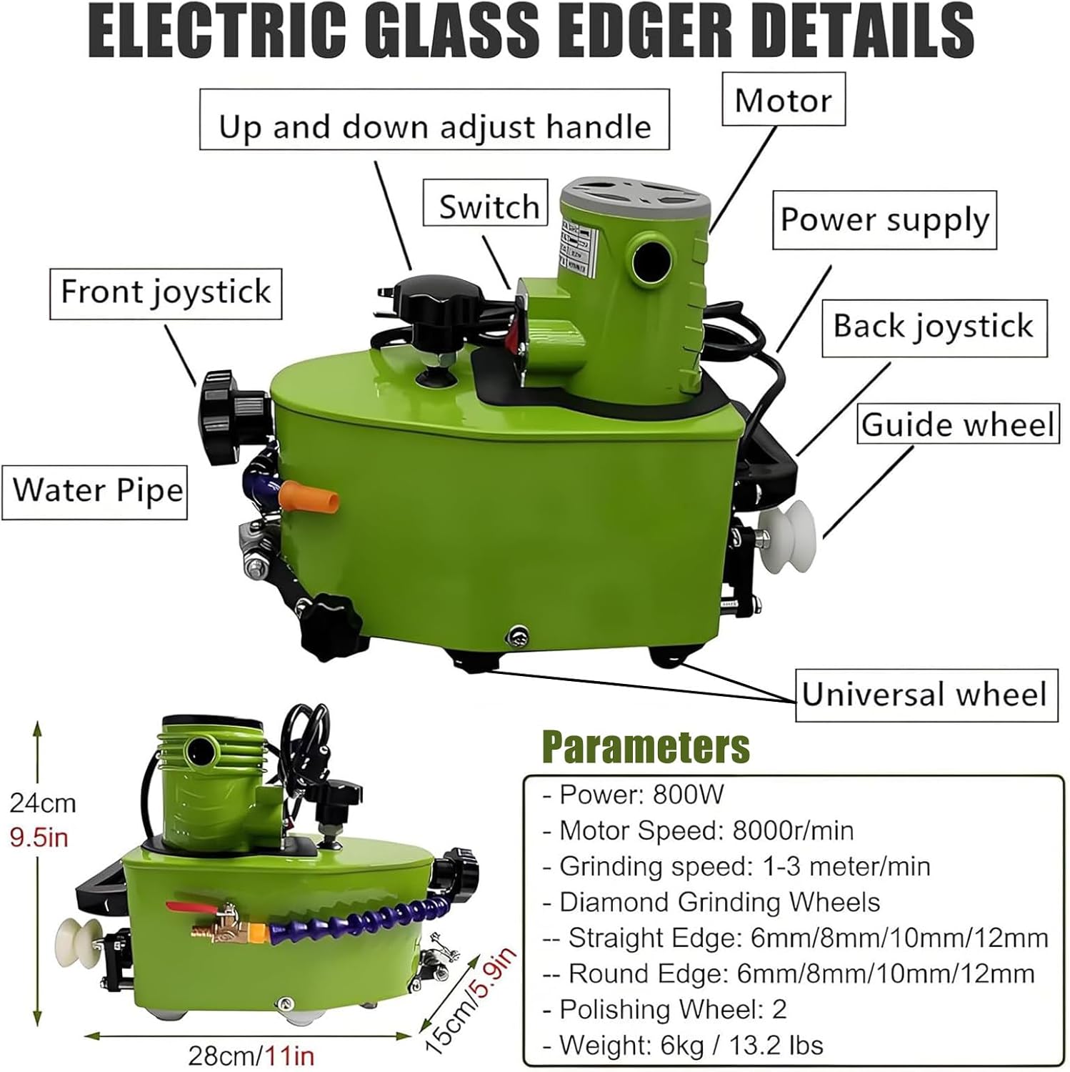 Portable Small Glass Edger, Electric Glass Edging Machine, with 8 Diamond Wheels(6mm/8mm/10mm/12mm) & 2 Polishing Wheels, for Straight Round Bevel Edge Grinding and Polishing
