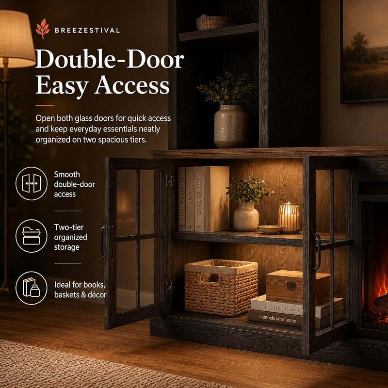 Black Farmhouse TV Stand with Fireplace, Entertainment Center, 98" Wall Unit Media Console with Bookshelf, Cabinet & Power Outlets & Barn Doors, Fits TVs Up to 75” for Living Room image 5