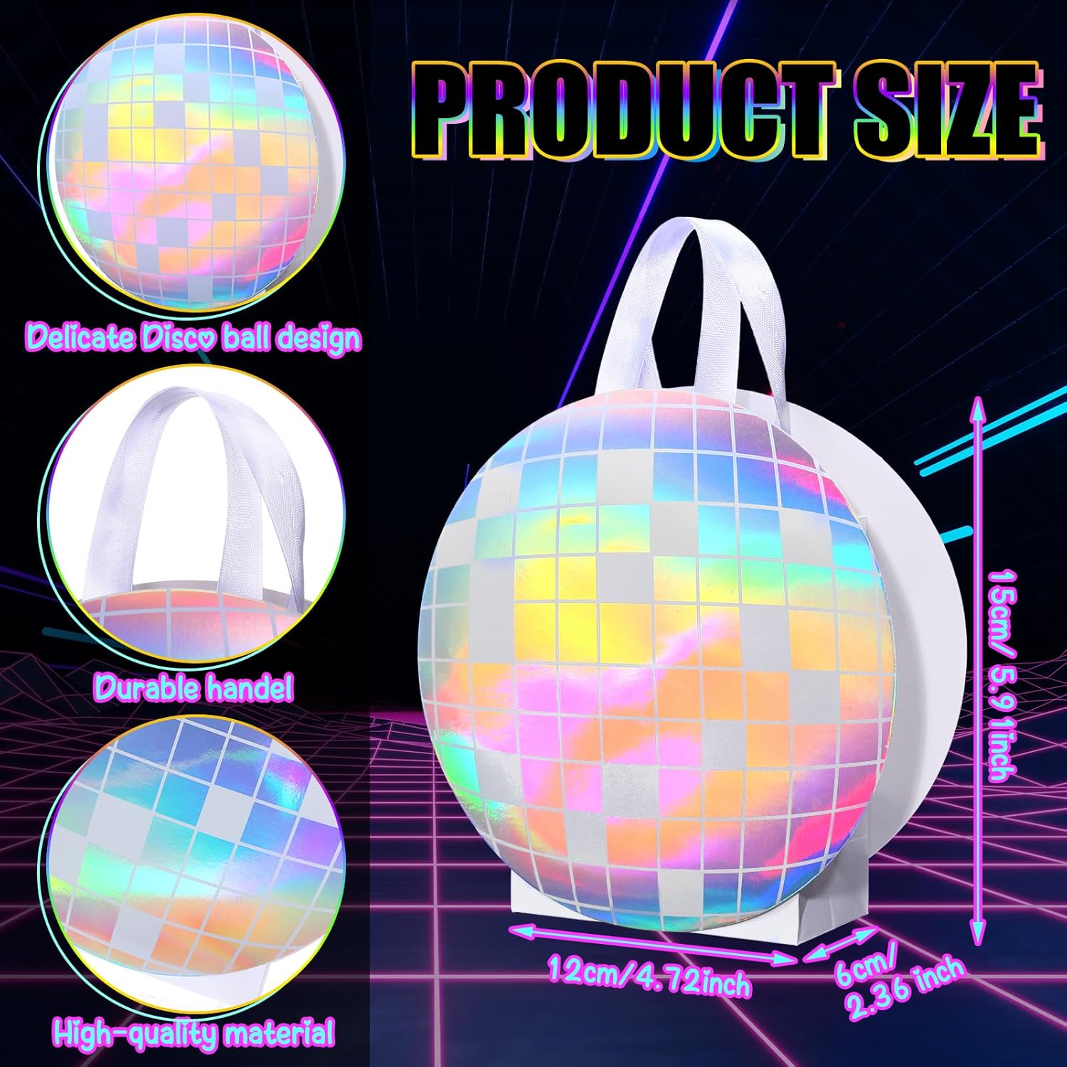 Kolldenn 12 Pcs Disco Ball Holographic Gift Bags Disco Party Favor Iridescent Paper Treat Bags 70s 80s 90s Birthday Party Supplies with Handles for Candy Goodies Wedding Bachelorette Decorations - Image 2