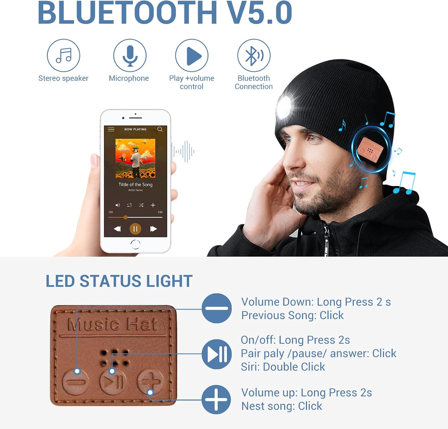 TOUCH TWO Beanie Bluetooth Hat with LED Light Wireless Musical Knitted Cap with Headphone Stereo Speakers & Mic for Running Hiking Jogging Black