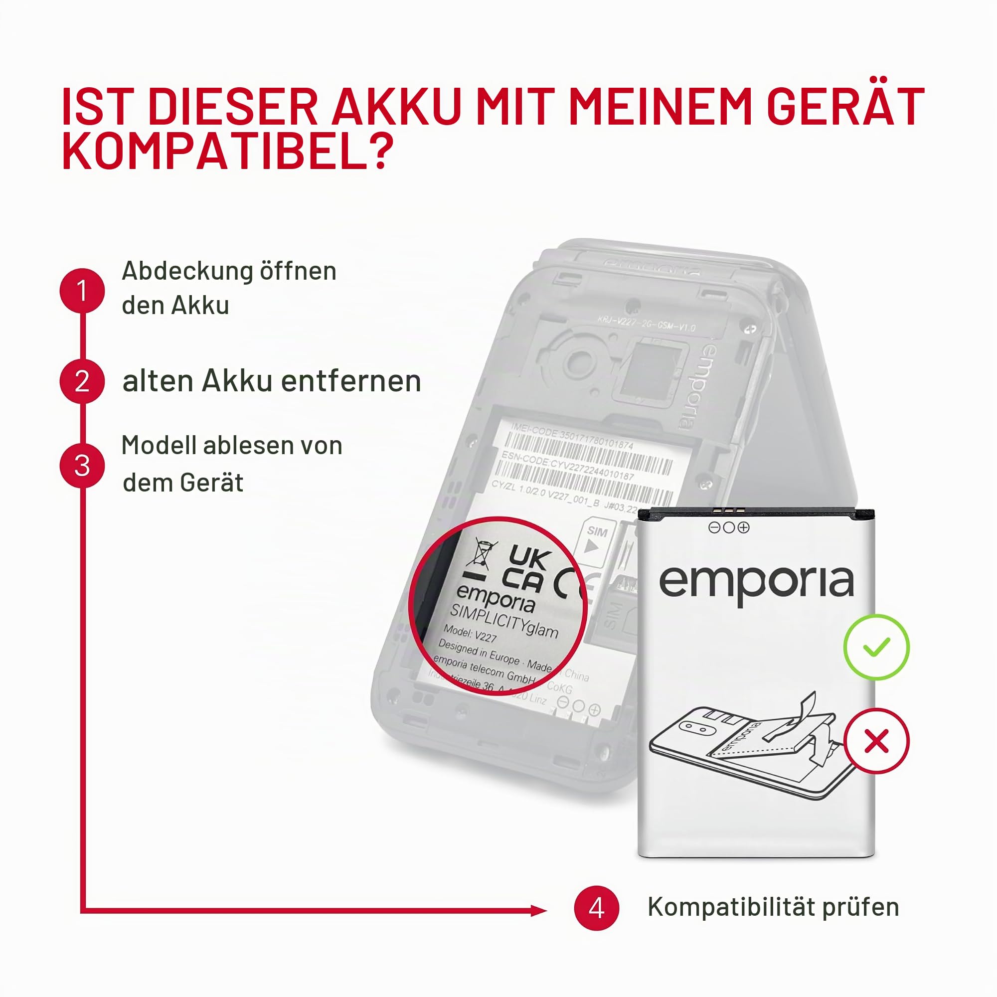 Emporia 1020 mAh Li-Ion-Akku/Akku, Schwarz – Ersatzteile für Mobiltelefone (Akku/Akku, Schwarz, Lithium-ION (Li-Ion), 1020 mAh, 3,7 V, Glam)