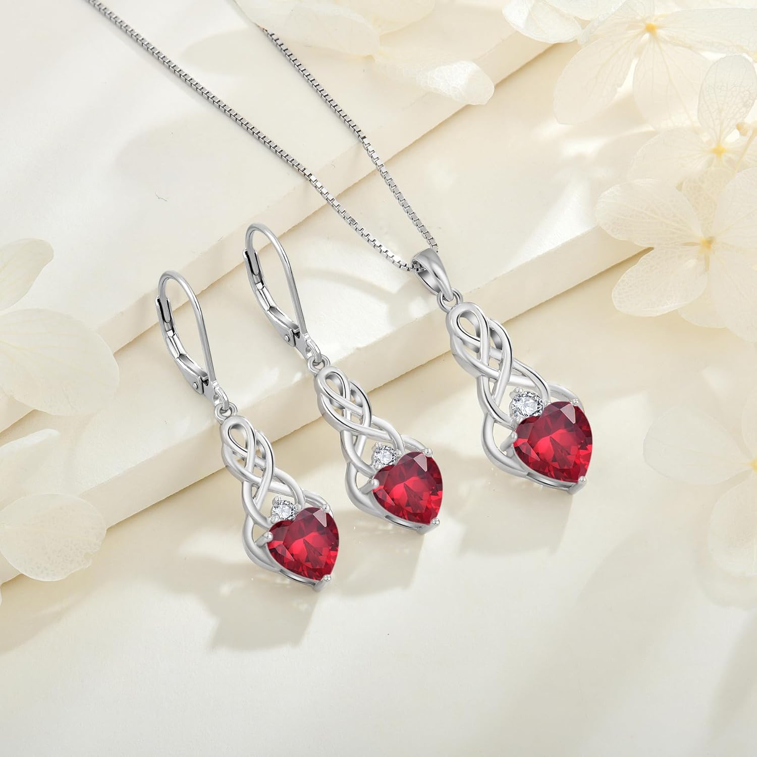FJ Infinity Celtic Knot Necklace 925 Sterling Silver Heart Birthstone Pendant Irish Good Luck Jewelry Gifts for Women