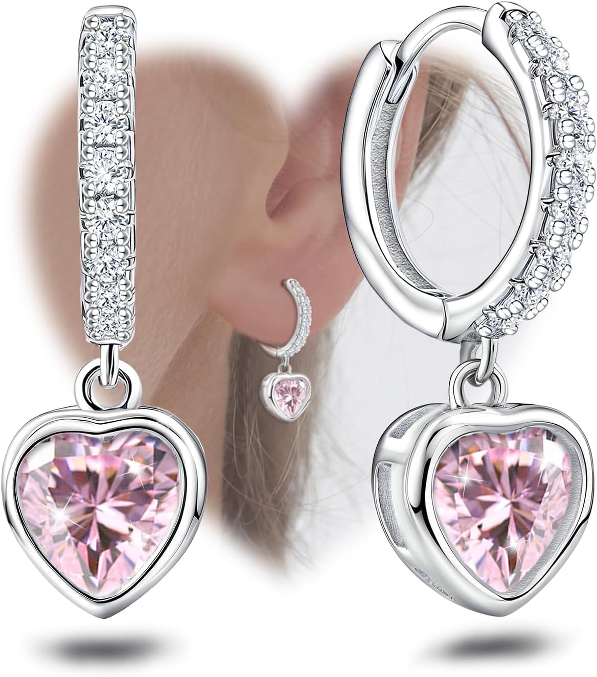 Heart Hoop Earrings with Dangle Sterling Silver Love Heart-Shaped Loop Earrings for Women Hypoallergenic Sparkle Birthstone Cubic Zirconia Hoop Earring with Dangling Charms Dainty Fashion Jewelry Gift