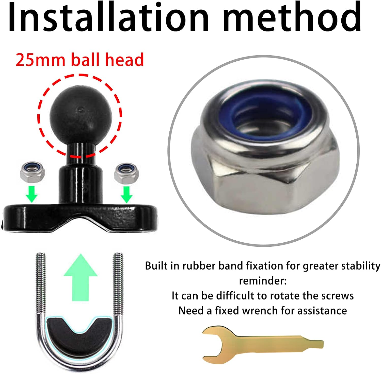 1'' Ball Handlebar U Torque Medium Rail Mount Base for Rails 0.5'' to 1.25'' in Diameter with 10mm Mounting Hole Angled Bolt Head Adapter Ball Base Compatible with RAM Mounts B Size Double Socket Arm