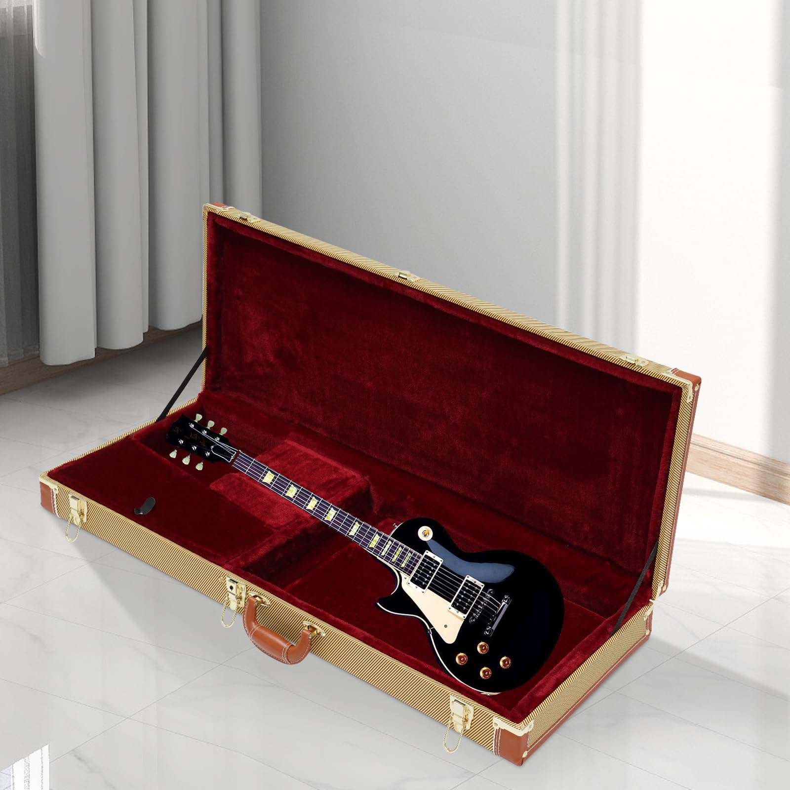 Walizka na gitarę elektryczną, twarda obudowa, zamykana, przenośna, prostokątna, drewniana walizka z zamkiem i uchwytem na klucze, miękka podszewka, idealna do większości gitar elektrycznych
