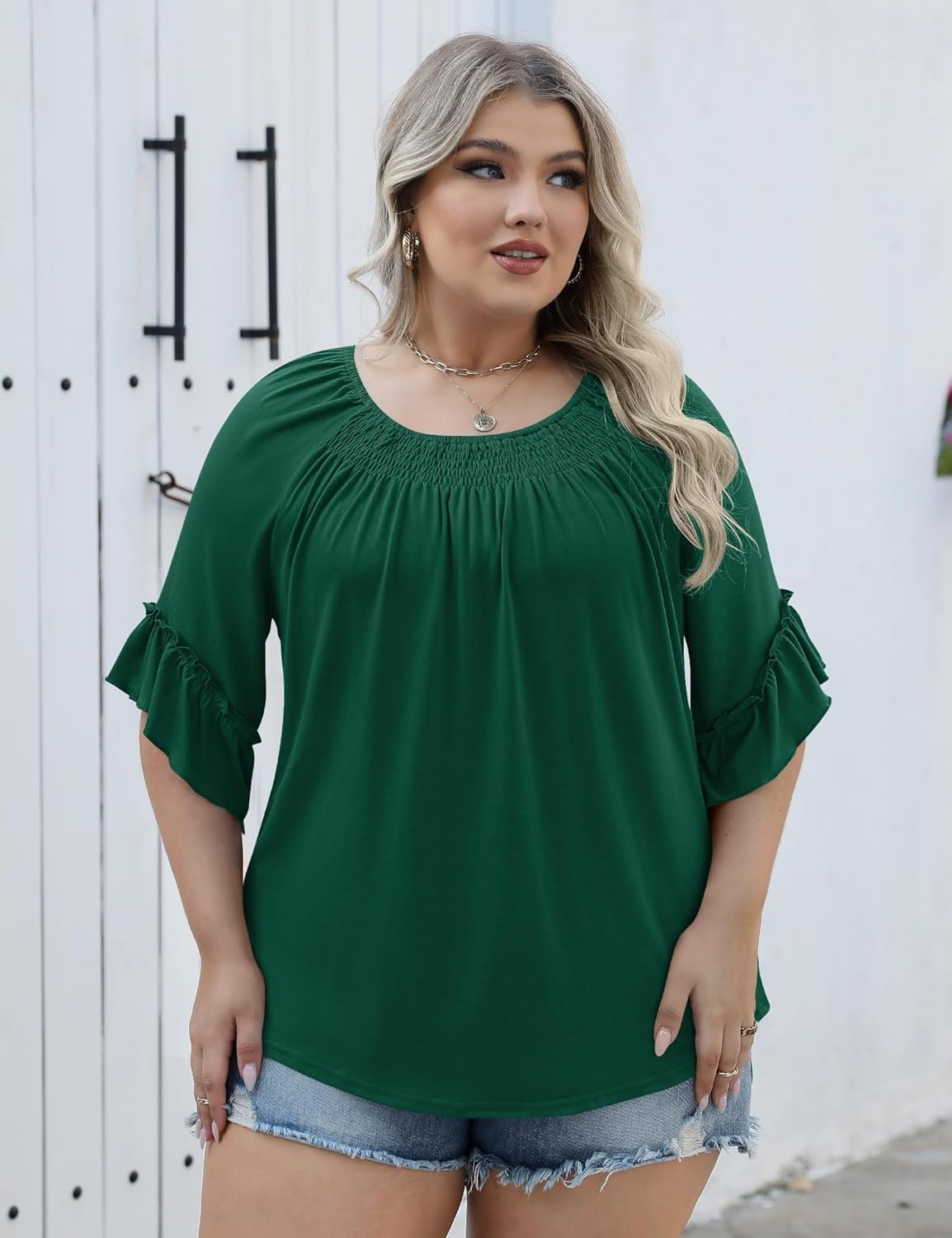 Micoson Womens Plus Size Tops 3/4 Ruffle Sleeve Shirts Crewneck Pleated Blouses Dressy Casual Fashion Tunic Top (1X-5X) - Image 5
