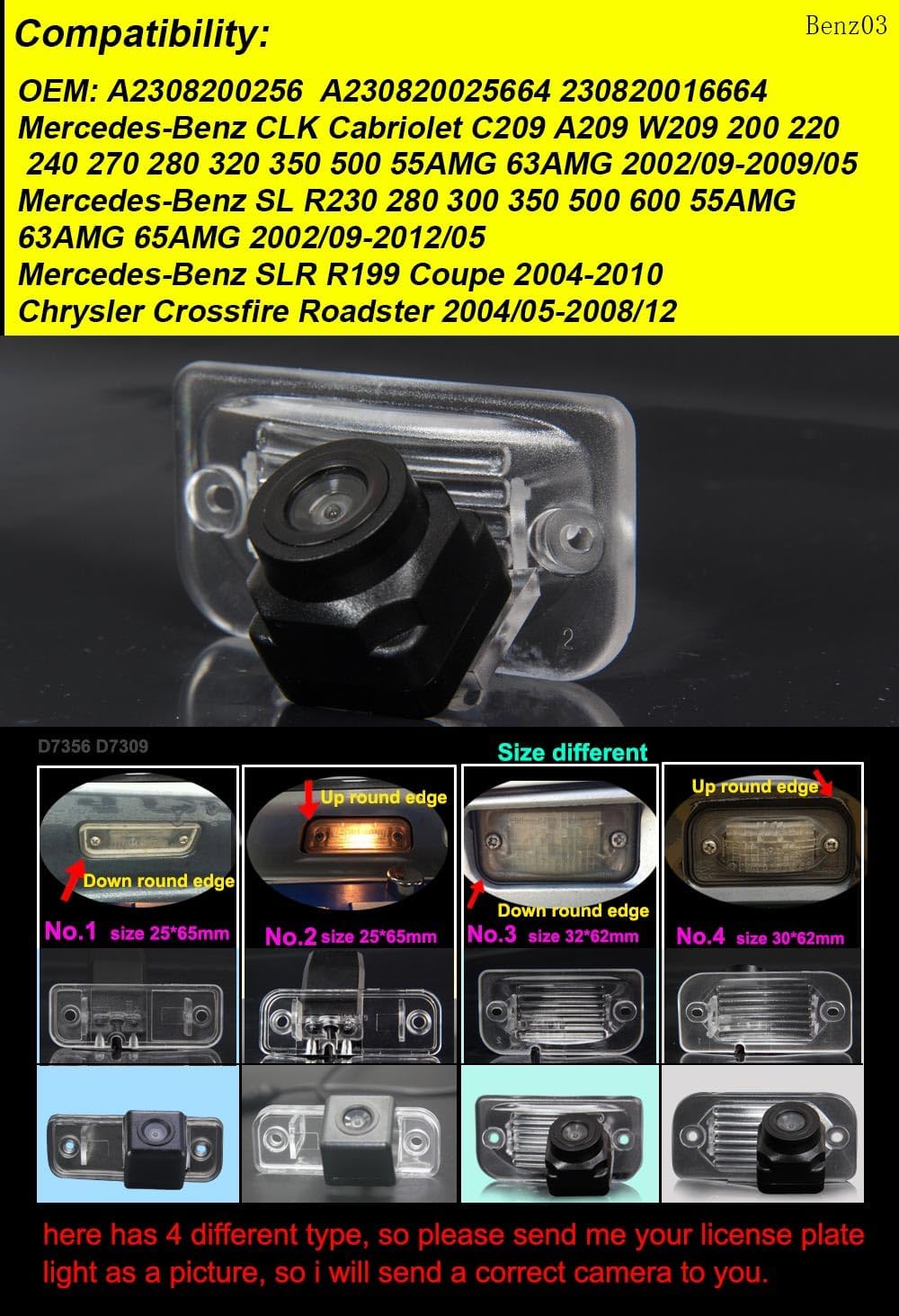 HD Night Vision Rear View Camera Replacement for Mercedes Benz CLK Cabriolet C209 A209 W209 200 220 240 270 280 320 350 500 55AMG 63AMG/SL R230 280 300 350 500 600/SL R R R1999Coupe/Crossfire