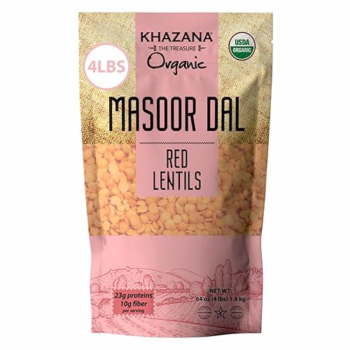 Khazana Orgánico Masoor Dal 4lb - Lentejas rojas Sin OMG, sin gluten y Kosher Lentejas auténticas de la India
