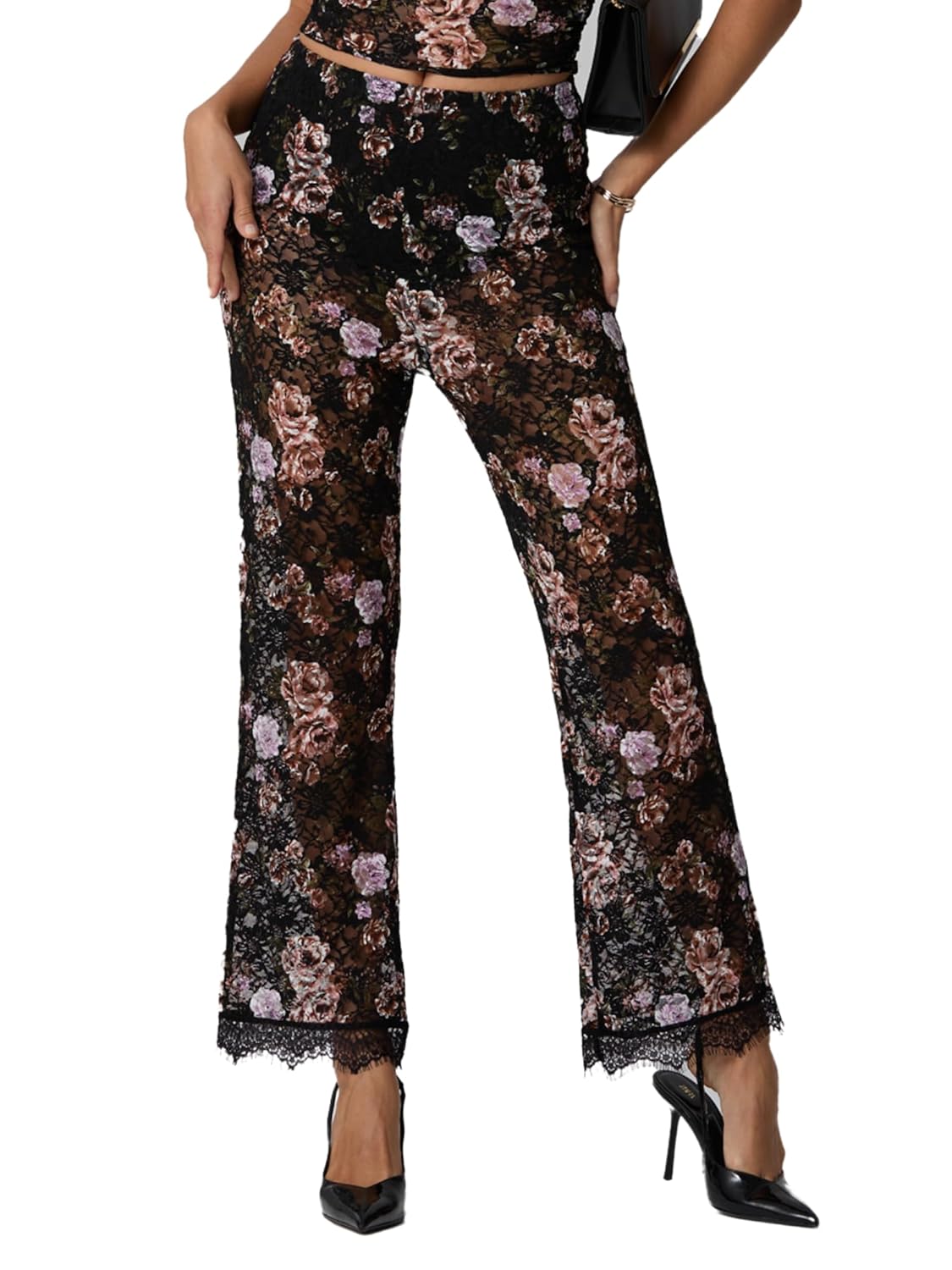 IWOLLENCE Womens Sexy Lace Flare Pants with Bottom High Waist Sheer Mesh Leggings