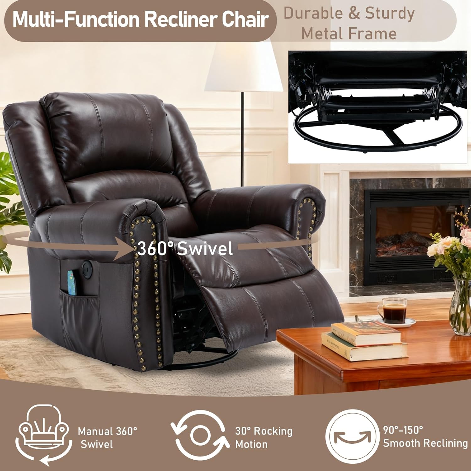 Manual Massage Swivel Rocker Recliner with Heat and Vibration, 360° Swivel Glider Rocking Recliner Chair, Classic Living Room Lounge Recliners with Side Pockets & USB Ports, Brown