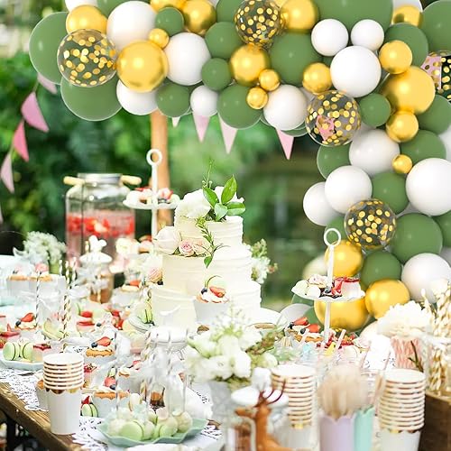 Miniatura 6 de Arco de globos de color verde salvia, blanco, dorado metálico, kit de guirnalda de globos de color verde oliva, blanco y dorado, para safari en la
