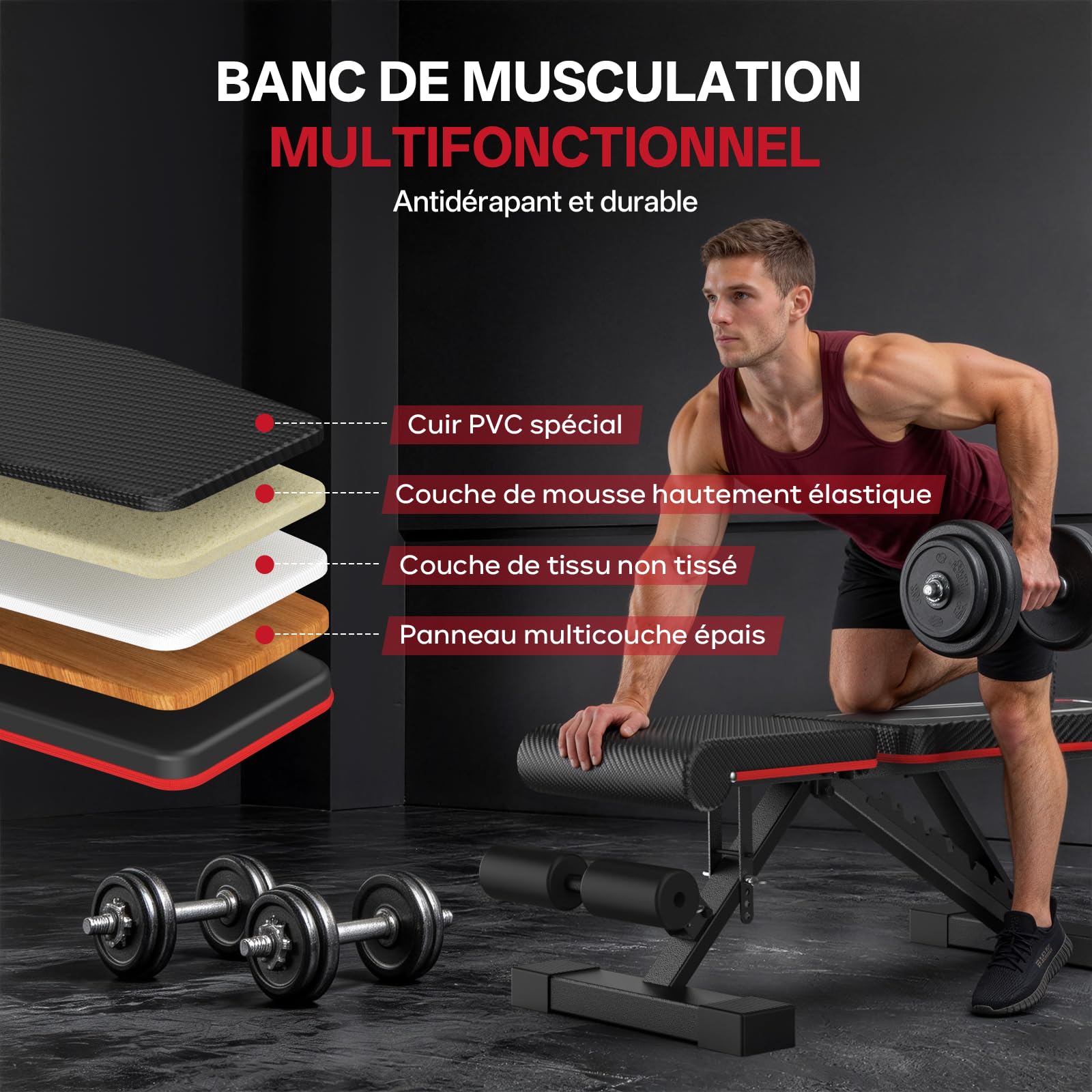 PASYOU Banc de Musculation Pliable, Charge 300kg, Banc de Fitness Réglable Multifonction pour Entraînement Corps Complet, Banc de Sport avec Poignées pour Maison et Salle de Sport (PA350)