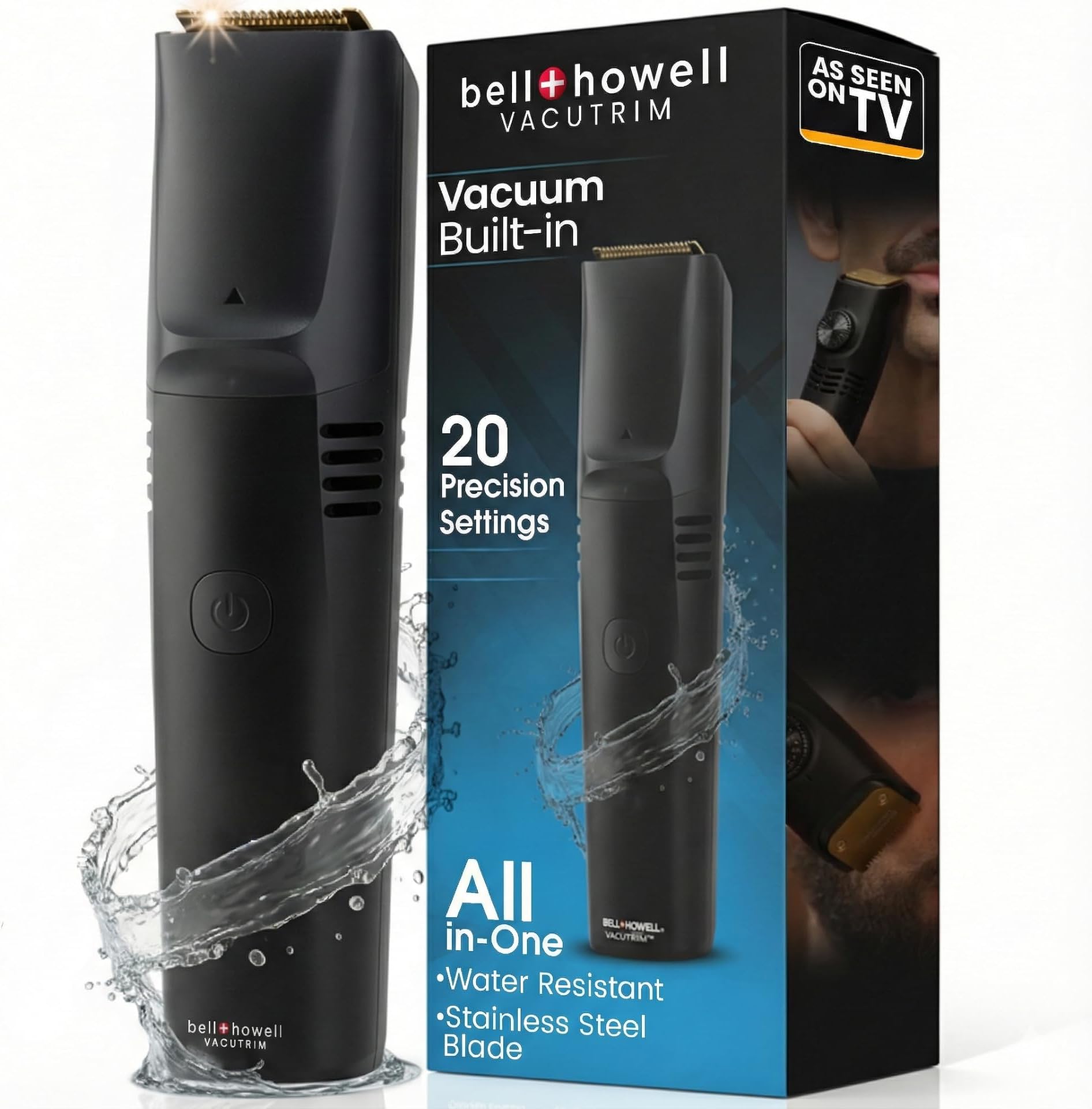 - Vacutrim Cordless Mens Beard Trimmer, Rechargeable Electric Shaver with 20 Trim Setting Calibration Dial and Built-in Vacuum for Mustache, Sideburns. Facial Hair, Black, 7.5", As Seen On TV