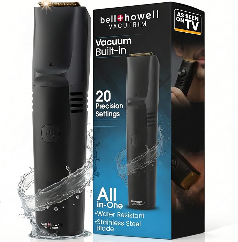 Aparador de barba Bell+Howell Vacutrim sem fio, preto, com 20 ajustes, compartimento coletor e 2 pentes