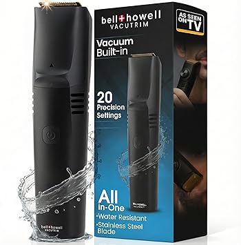 Vacutrim Cordless Mens Beard Trimmer, Rechargeable Electric Shaver with 20 Trim Setting Calibration Dial and Built-in Vacuum for Mustache, Sideburns. Facial Hair, Black, 7.5", As Seen On TV