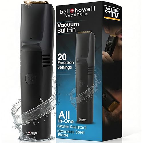 Vacutrim Cordless Mens Beard Trimmer, Rechargeable Electric Shaver with 20 Trim Setting Calibration Dial and Built-in Vacuum for Mustache, Sideburns. Facial Hair, Black, 7.5", As Seen On TV