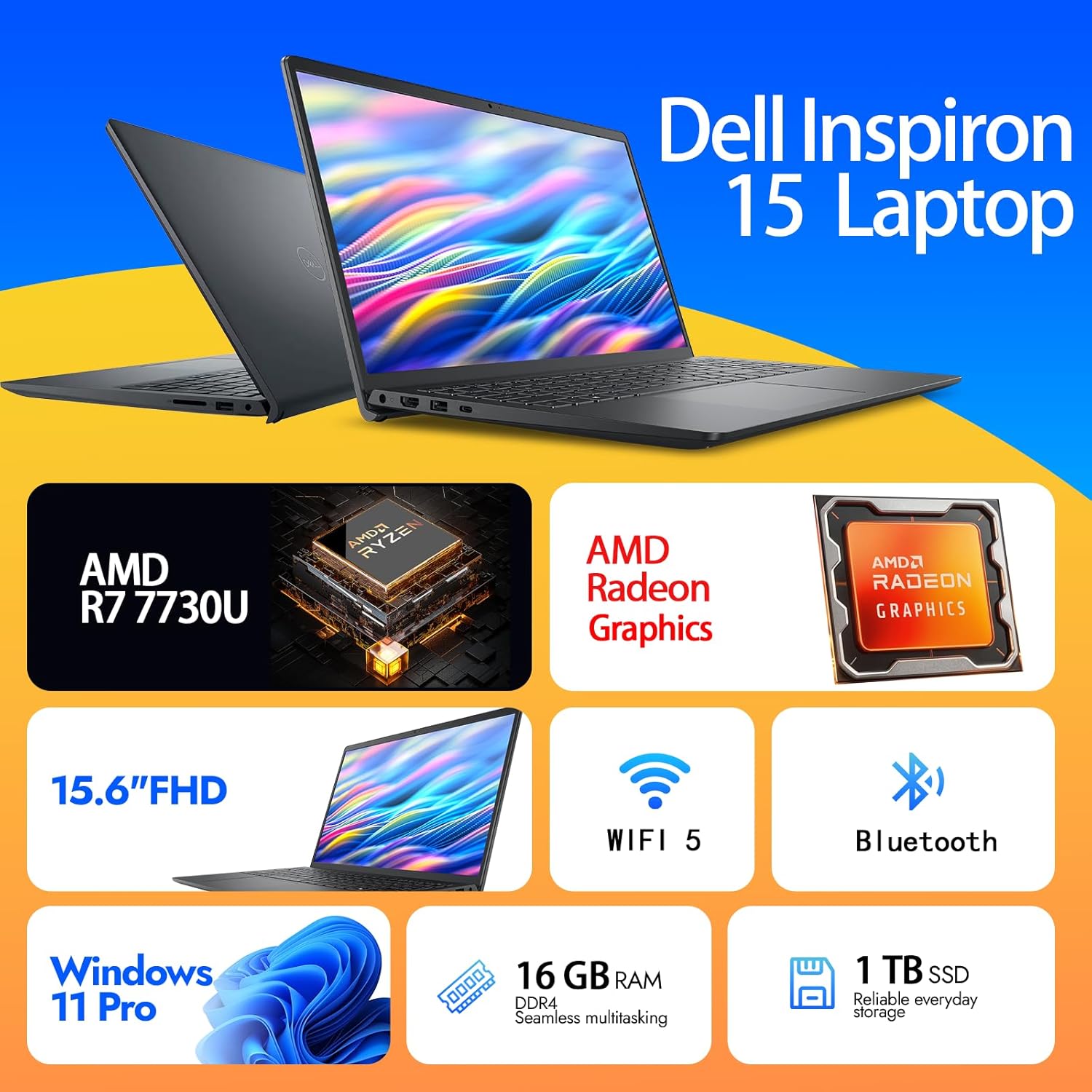 Dell Inspiron 15 Touchscreen Laptop Computer, 15.6" FHD WVA Anti-Glare, AMD Ryzen 7 7730U, 20GB RAM, 1TB SSD, Windows 11 Pro, Numeric Keypad, Copilot AI, Business & Students, Office 365 for The Web
