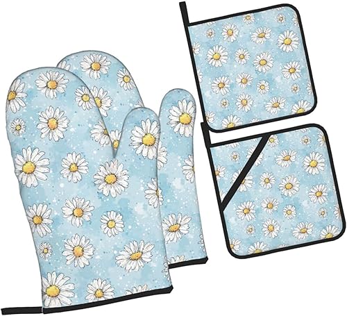 Miniatura 127 de Manoplas de horno y soportes para ollas, arte de mármol blanco y dorado, juego de 4 guantes de cocina resistentes al calor, antideslizantes