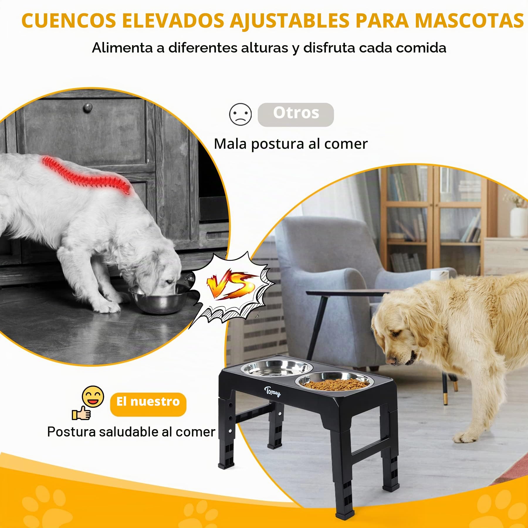 Toozey Comedero Elevado Perro con Tazones de Acero Inoxidable Dobles de 1,2 L de 4 Altura Ajustable para Alimentador de Agua y Comida para Mascotas y Gatos, Negro