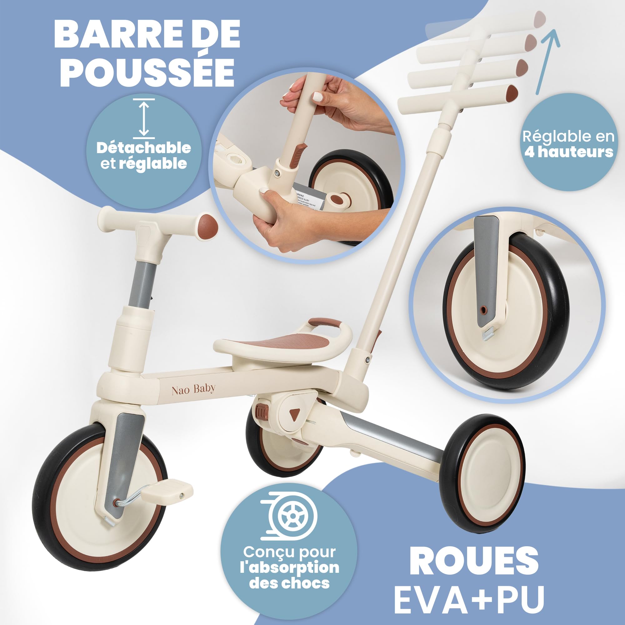 Tricycle Bébé Évolutif Pliable et Réglable pour Enfants (1–5 Ans) avec Barre Parentale – Tricycle, Draisienne Évolutive et Vélo Bébé, Confortable et Compact (Senza Capote)