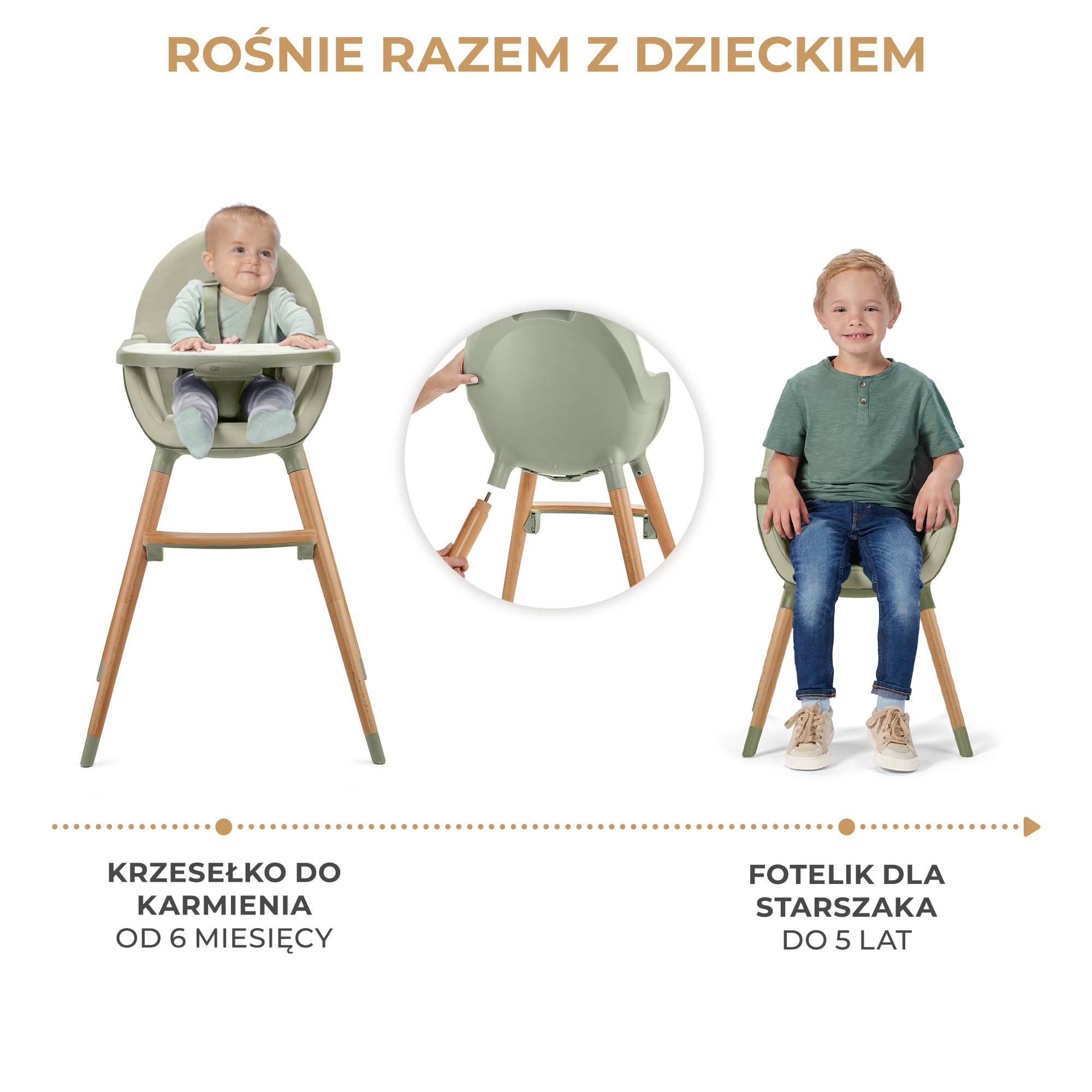 Kinderkraft Krzesełko do karmienia FINI2 2w1, Krzesło dla starszaka, Regulowana zdejmowana tacka, Drewniane antypoślizgowe nożki, 5-Punktowe pasy bezpieczeństwa, Łatwy w czyszczeniu, Zielony