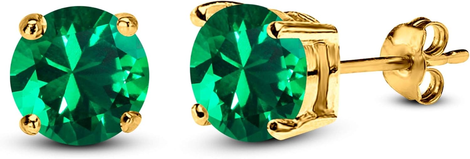 14k Yellow Gold Fn Pure 925 Silver Stud Solitaire Earrings With Round Green Emerald