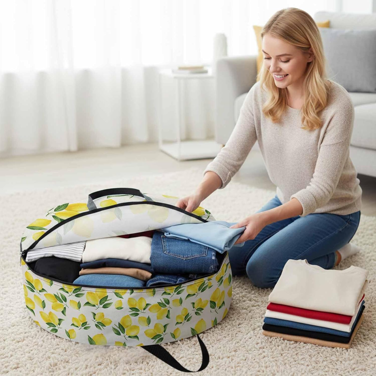 Storage Bag Yellow Lemon Round Storage Totes Bins Closet Organizers with Zippers & Handle Summer Fruit Linen Clothes Storage Container for Bedroom Dorm Space Saving Packing Supplies Moving Bags