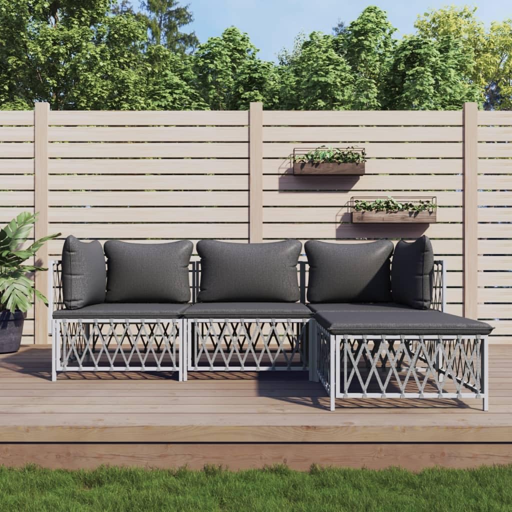 Salon de jardin 4 pièces blanc en acier et tissu avec coussins gris