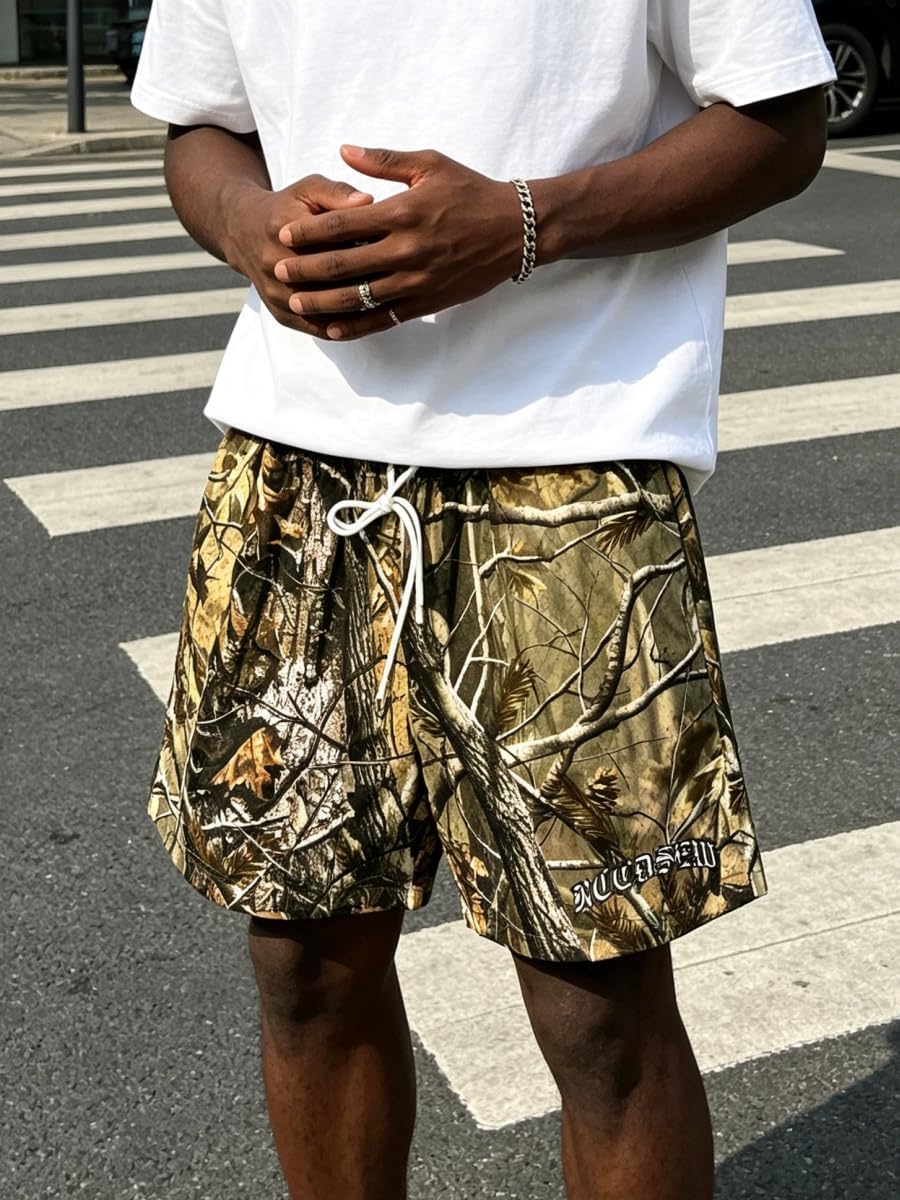 Men's Camo Mesh Graphic Print Athletic Shorts Lightweight Quick-Dry Gym Workout Shorts with Pockets