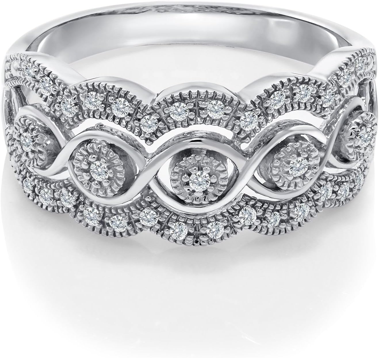 Gem Stone King 14K White Gold White Diamond Intricately Interlaced Cocktail Ring | 0.16 Cttw | Wedding Engagement Anniversary Promise | Gold Ring For Women | Ring Size 5-9